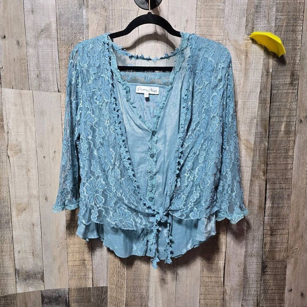 Pretty Angel Vintage Y2K Blue Linen Blend Floral Lace Blouse Medium Fairy Cottag